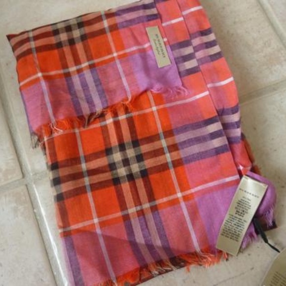 Burberry Bright Orange Red Check Wool/Silk Scarf - Picture 3 of 5